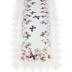 Butterfly Blossoms Lace Trimmed White Fabric 70" Table Runner